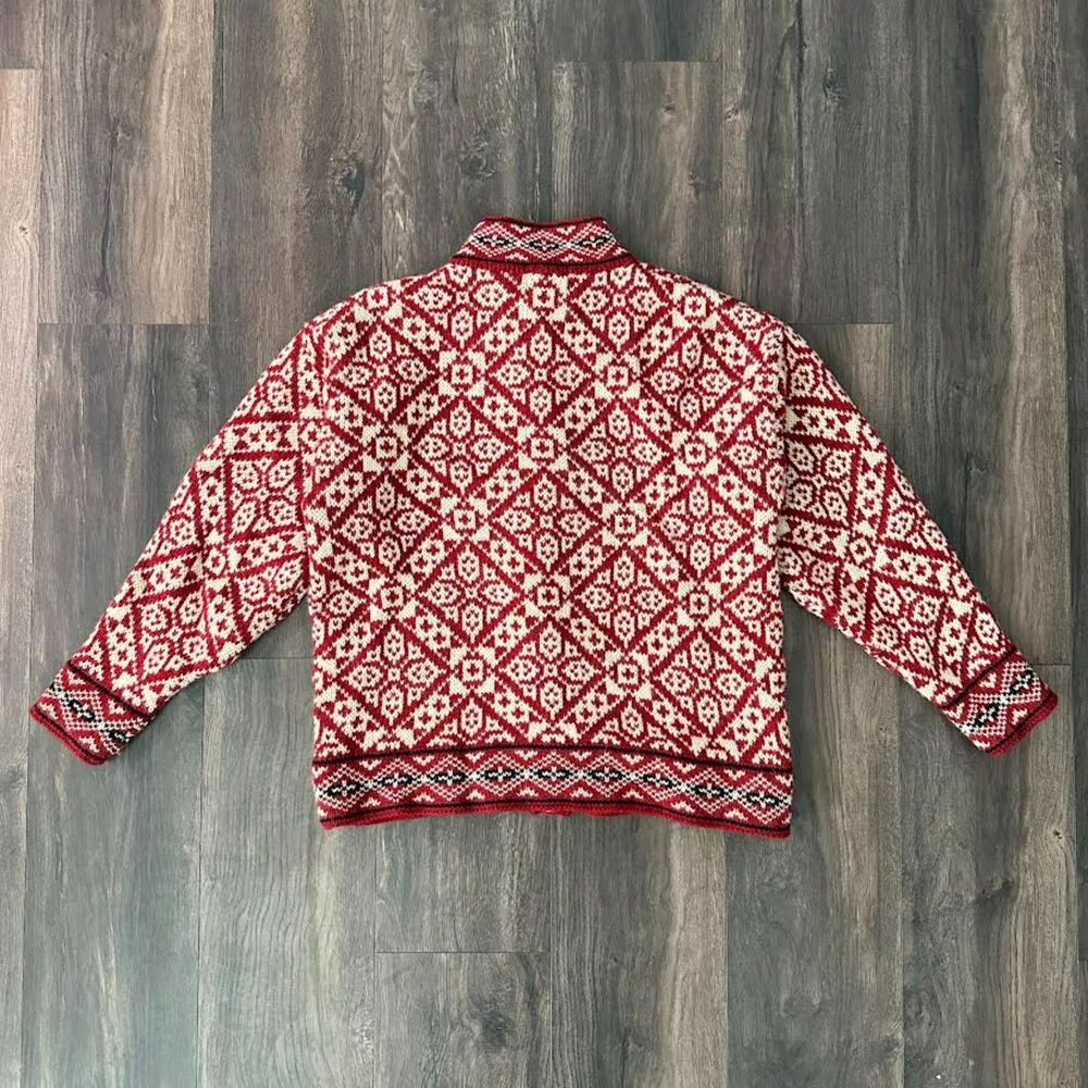 Vtg L.L. Bean Nordic Wool Blend Cardigan Button Up Red White Sweater Sz Medium - Picture 2 of 10